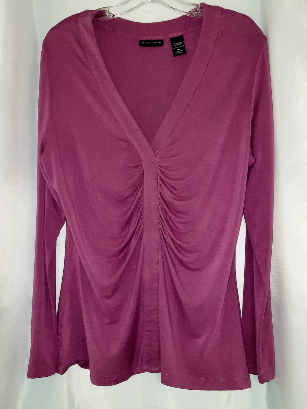 NY & CO Hot Pink Ruched V-Neck Long Sleeve Top Womens XL